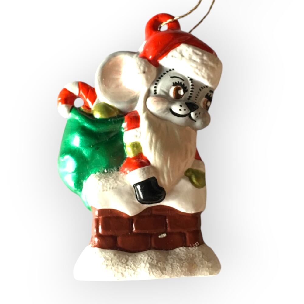 Ceramic Santa Mouse with toy sack Christmas ornament
